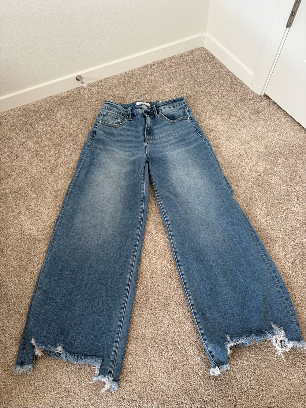 Risen Blue Wide-Leg Raw Hem Jeans - Women